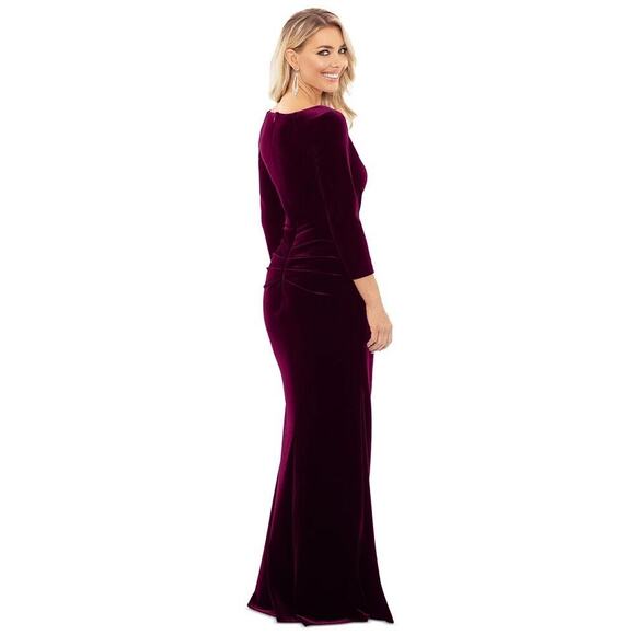 Xscape V-Neck Ruffle-Front Long-Sleeve Gown Dress Maroon Size 14 NWT - Picture 2 of 12